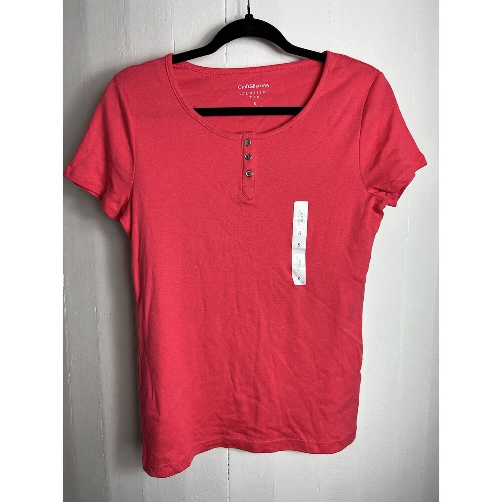 Croft & Barrow Watermelon Short Sleeve Henley The Classic Tee Women's Size Small